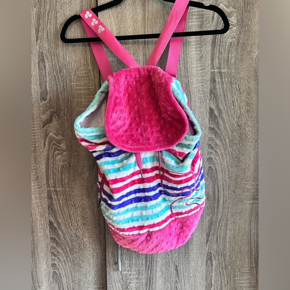Triple Flip Handbags - Very Cute TRIPLE FLIP Velour Striped Pink Blue Purple Backpack Bucket Bag.